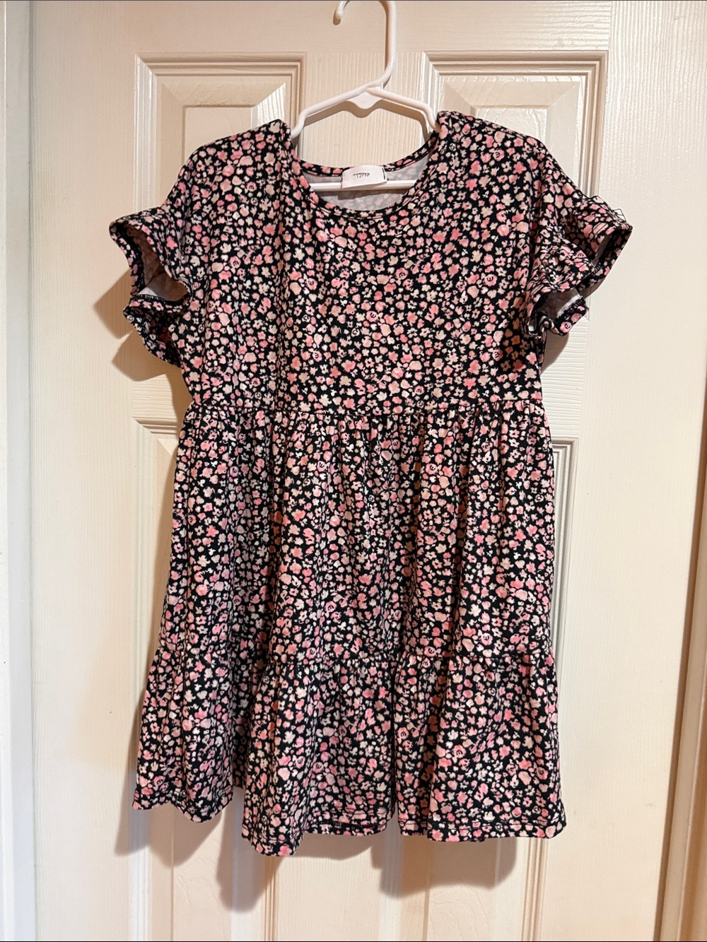 Girls' Super Soft Black & Pink Floral Tiered Dress - Size 6